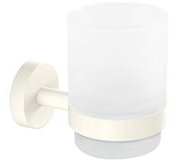 tesa Bicchiere per Spazzolini MOON WHITE con Supporto - 70 x 96 x 109 mm | Portaspazzolini da Attaccare al Muro - in Vetro Satinato e Metallo Verniciato a Polvere - Soluzione Adesiva Inclusa