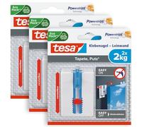 tesa® - Chiodi adesivi per fissaggio di tele e cornici su carta da parati e gesso, 3 pezzi, altezza regolabile, adesione fino a 2 kg, senza chiodi, senza striature, colore bianco, 3 x 2 chiodi