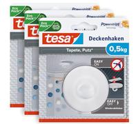 tesa Ganci da Soffitto, Carta da Parati e Intonaco - 3 Ganci + Strisce | Confezione da 3 Ganci Autoadesivi per Oggetti Decorativi - Con tesa Powerstrips Large, Capacità Massima 500 g