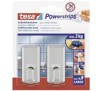 tesa Ganci Powerstrips Large CLASSIC - Cromo - Tenuta: 2 Kg | 2 Ganci da Parete Autoadesivi in Plastica - per Vetro, Piastrelle, Legno, Plastica e Altre Superfici