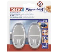 tesa Ganci Powerstrips Large OVAL - Cromo Opaco - Tenuta: 2 Kg | 2 Ganci da Parete Autoadesivi in Plastica - per Vetro, Piastrelle, Legno, Plastica e Altre Superfici