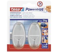 tesa Ganci Powerstrips Large OVAL - Cromo - Tenuta: 2 Kg | 2 Ganci da Parete Autoadesivi in Plastica - per Vetro, Piastrelle, Legno, Plastica e Altre Superfici