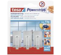 tesa Ganci Powerstrips Small CLASSIC - Cromo - Tenuta: 1 Kg | 3 Ganci da Parete Autoadesivi in Plastica - Per Vetro, Piastrelle, Legno, Plastica e Altre Superfici