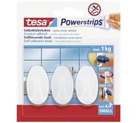 tesa Ganci Powerstrips Small OVAL - Bianchi - Tenuta: 1 Kg | 3 Ganci da Parete Autoadesivi in Plastica - Per Vetro, Piastrelle, Legno, Plastica e Altre Superfici