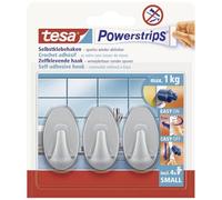 tesa Ganci Powerstrips Small OVAL - Cromo Opaco - Tenuta: 1 Kg | 3 Ganci da Parete Autoadesivi in Plastica - Per Vetro, Piastrelle, Legno, Plastica e Altre Superfici