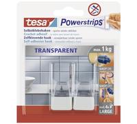 tesa Ganci Powerstrips - Trasparenti/bianchi - Capacità di Tenuta 1 Kg | 2 Ganci da Parete Autoadesivi in Plastica - per Vetro, Piastrelle, Legno, Plastica e Altre Superfici
