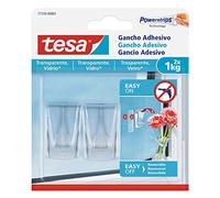 Tesa Gancio Adesivo per Trasparenti e Vetro 1 kg - Gancio Adesivo per Specchi e Superfici Trasparenti - Peso fino a 1 kg - Confezione da 2 Ganci e 4 Strisce Adesive in Dotazione