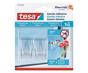 Tesa Gancio Adesivo per Trasparenti e Vetro 1 kg - Gancio Adesivo per Specchi e Superfici Trasparenti - Peso fino a 1 kg - Confezione da 2 Ganci e 4 Strisce Adesive in Dotazione