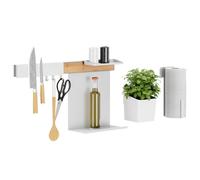 Tesa Kitchen Organizer da Cucina Combi Set L - Barra Autoadesiva con Vaso, 2 Ripiani, Porta Coltellli, Porta Rotolo, Binario con 3 Ganci - Montaggio senza Foratura - Bambù/Bianco