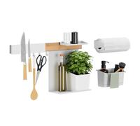 Tesa Kitchen Organizer da Cucina Combi Set XL - Barra Autoadesiva con Vaso, 2 Ripiani, Porta Sougne, Porta Coltellli, Porta Rotolo, Binario con 3 Ganci - Montaggio senza Foratura - Bambù/Bianco