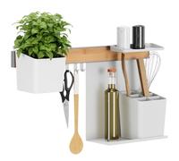 Tesa Kitchen Organizer da Cucina Set M - Barra Autoadesiva con Vaso per Erbe Aromatiche, 2 Ripiani, Portaposate, Binario con 3 Ganci - Montaggio senza Foratura - Bambù/Bianco