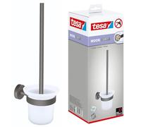 tesa® MOON GREY - Set Portascopino in vetro satinato, per bagni in stile industriale, moderni - Senza foratura, soluzione adesiva inclusa - 379 mm x 112 mm x 145 mm - Grigio opaco