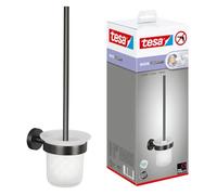 tesa MOON Set WC, Supporto e scopino WC in grafite spazzolata e vetro satinato - autoadesivo, in metallo rivestito in PVD - non richiede foratura, soluzione adesiva incl. - 379 mm x 112 mm x 145 mm