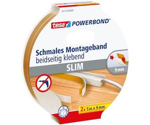 tesa Powerbond® SLIM Nastro Biadesivo per Montaggio, 5m x 9mm, Bianco - 2 Pezzi