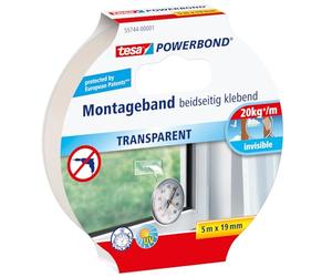 tesa Powerbond TRANSPARENT - Nastro Biadesivo Trasparente - Resistente ai raggi UV, per fissaggio di oggetti in vetro e trasparenti - Regge fino a 2 kg per 10 cm - 5.0 m x 19 mm