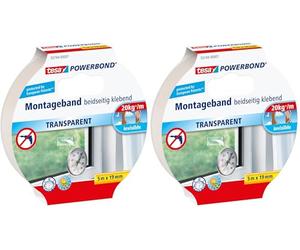 Tesa Powerbond TRANSPARENT - Nastro Biadesivo Trasparente - Resistente ai raggi UV, per fissaggio di oggetti in vetro e trasparenti - Regge fino a 2 kg per 10 cm - 5.0 m x 19 mm (Confezione da 2)