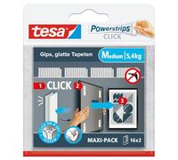 tesa Powerstrips CLICK - Ganci Adesivi per Appendere Cornici e Decorazioni da Parete Senza Forature - Strisce Autoadesive con Sistema di Aggancio e Sgancio ON e OFF - Medium - 16 x 2 pezzi