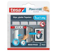 tesa Powerstrips CLICK - Strisce adesive per agganciare e sganciare cornici per foto e decorazioni da parete senza fori - Strisce adesive con sistema a scatto ON e OFF - Small - 16 x 2 pezzi