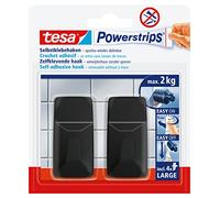Tesa Powerstrips - Ganci autoadesivi grandi, per piastrelle, vetro, plastica e altre superfici, 2 pezzi, portata fino a 2 kg, colore: nero