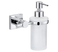 tesa Set Dispenser Sapone HUKK - 200 ml - 127 mm x 170 mm x 110 mm | Distributore di Sapone Liquido da Muro - in Vetro Satinato e Metallo Cromato - Soluzione Adesiva Inclusa
