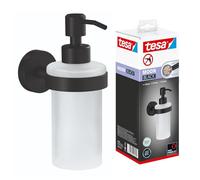 tesa Set Dispenser Sapone MOON BLACK - 200 ml - 70 mm x 171 mm x 119 mm | Distributore di Sapone Liquido da Muro - Vetro Satinato e Metallo Verniciato a Polvere - Soluzione Adesiva Inclusa