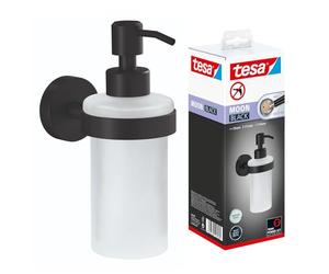 tesa Set Dispenser Sapone MOON BLACK - 200 ml - 70 mm x 171 mm x 119 mm | Distributore di Sapone Liquido da Muro - Vetro Satinato e Metallo Verniciato a Polvere - Soluzione Adesiva Inclusa