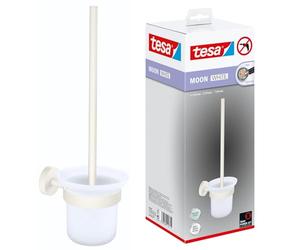 tesa Set Scopino per WC MOON WHITE - 112 mm x 379 mm x 145 mm | Spazzola per WC con Supporto da Attaccare al Muro - Vetro Satinato e Metallo Verniciato a Polvere - Soluzione Adesiva Inclusa