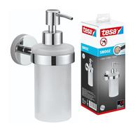Tesa Smooz Dispenser Sapone Liquido - Portasapone in Metallo Cromato e Vetro Satinato da Parete, senza Perforazione - Capacità di 200 ml - Inossidabile - Colla Rimovibile Inclusa