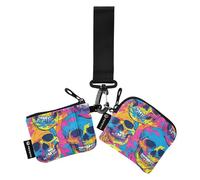 Teschi che ballano colorati portamonete da donna custodie per carte di credito di grande capacità organizzatori di denaro da donna con portachiavi per signore ragazze confezione da 2, teschi danza