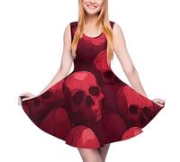 Teschi in sfumature di rosso Estate Beach Dress Boho Midi Sundress Spaghetti Strap Flowy senza maniche Tank Dresses, Stile:, S