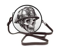 Teschio che indossa un casco da vigile del fuoco, borsa a tracolla rotonda da donna in pelle