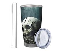 Teschio con coperchio Tumbler Set di 1 Natura Cranio Albero Foresta Bosco Fiume Spooky Gotico Grigio Metallo Inossidabile Caldo e Freddo Isolato No Spill Ufficio Outdoor Club Dormitorio Caffè Tazza da