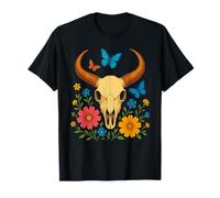 Teschio di mucca Boho Western Country Longhorn Country Flower Skull Maglietta