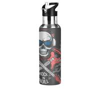 Teschio di Musica Rock Roll Borraccia Termica con Cannuccia Sportiva, Bottiglia Acqua in Acciaio Inox Isolato 600ML Senza BPA per Bevande Calde e Fredde per Bambini Scuola