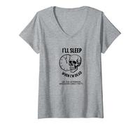 Teschio Divertente con Scritta I 'll Sleep When I'm Dead or This Afternoon Maglietta con Collo a V, Donna, Grigio Melange, M