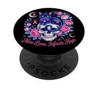 Teschio e Gatto Nastro Rosa Cancro Seno Halloween PopSockets PopGrip Adesivo