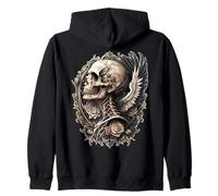 Teschio Gotico Ali Rose Biker Tattoo Vintage Angelo Skull Felpa con Cappuccio
