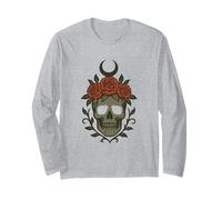 Teschio Gotico con Rose Corona e Luna Crescente Design Maglia a Manica