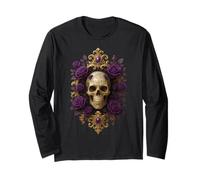 Teschio Gotico con Rose Viola Originale Rock Dark Skull Maglia a Manica