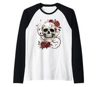 Teschio Gotico Rose Rosse Biker Tattoo Vintage Angelo Skull Maglia con Maniche Raglan