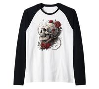 Teschio Gotico Rose Rosse Biker Tattoo Vintage Angelo Skull Maglia con Maniche Raglan