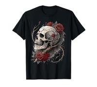 Teschio Gotico Rose Rosse Biker Tattoo Vintage Angelo Skull Maglietta