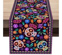 Teschio messicano | Runner da tavola Ative per messicani | Bright Day of The Dead Altarations, tovaglia in lino multifunzionale e rustica per la sala da pranzo festività