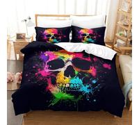 Teschio multicolore Stampa Tridimensionale Lenzuola Set Da Letto Teschio multicolore Copriletto Microfibra Superiore Chiusura A Cerniera Con Federe DeliGattoo E Lavabile Super King（260x220cm）