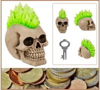 Teschio Salvadanaio Punk Verde Taglio a Cresta Stile Decorazione Ca 19x17x13cm