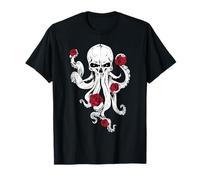 Teschio Scheletro Spaventoso Polpo Rose Halloween Rock n Roll Maglietta