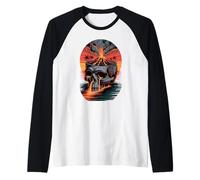 Teschio Vulcano Con Lava In Eruzione E Tramonto Tropicale Maglia con Maniche Raglan