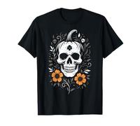 Teschio Zucca Halloween Arte Floreale Autunno Samhain Maglietta