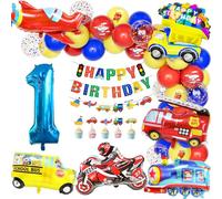 Teselife Decorazione Palloncino Compleanno 1 Anno Ragazzo Trasporto, Palloncini Foil Scuolabus Treno Camion Pompieri Aereo Moto Palloncini Numero 1 Rosso Blu Giallo Buon Compleanno Banner Accessori