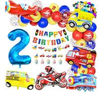 Teselife Decorazione Palloncino Compleanno 2 Anno Ragazzo Trasporto, Palloncini Foil Scuolabus Treno Camion Pompieri Aereo Moto Palloncini Numero 2 Rosso Blu Giallo Buon Compleanno Banner Accessori